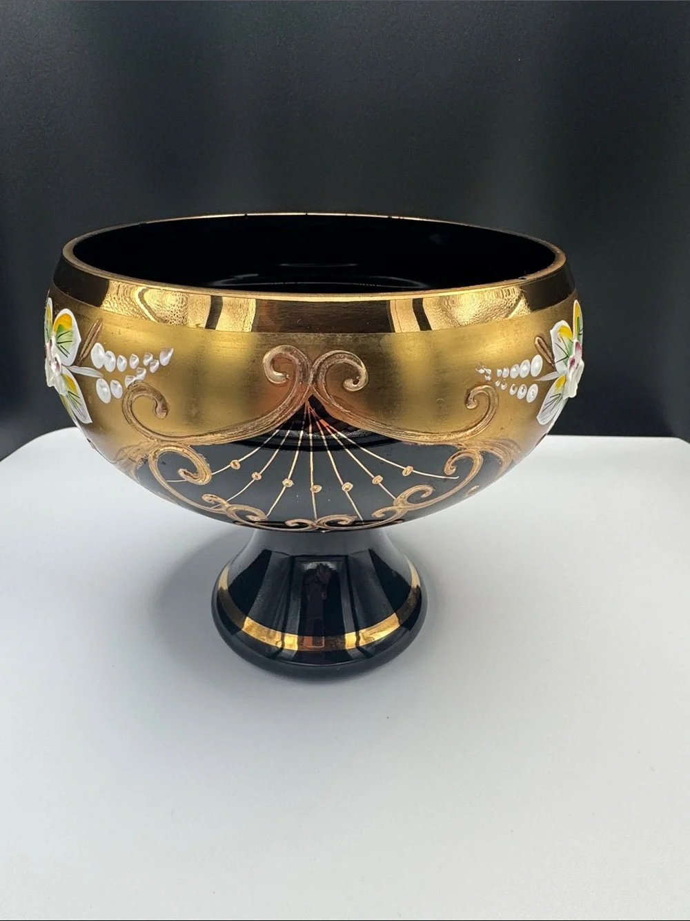 Decorative Black and Gold candy,cookie, Bowl with Hand-Painted Floral Accent